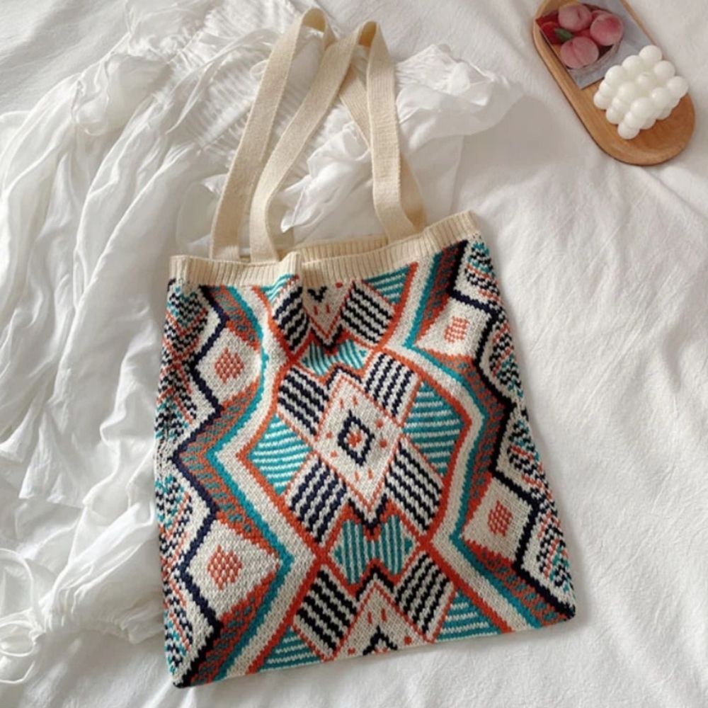 Bohemian knit tribal handbag Tote Bag turquoise coral cream - Picture 5 of 7